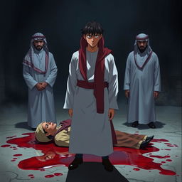 Detective Conan dressed in a white thobe with a red shmagh and agal, standing in front of a corpse with blood pooling around it