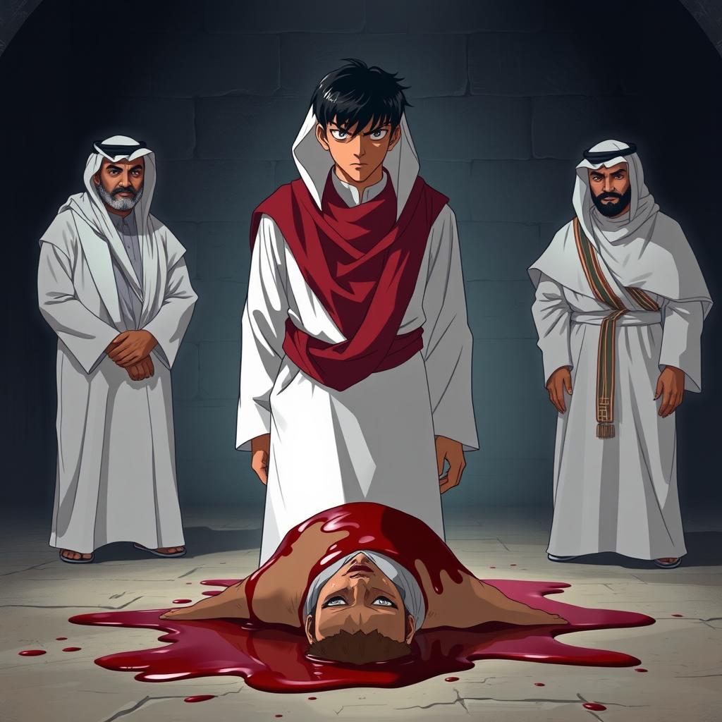 Detective Conan dressed in a white thobe with a red shmagh and agal, standing in front of a corpse with blood pooling around it