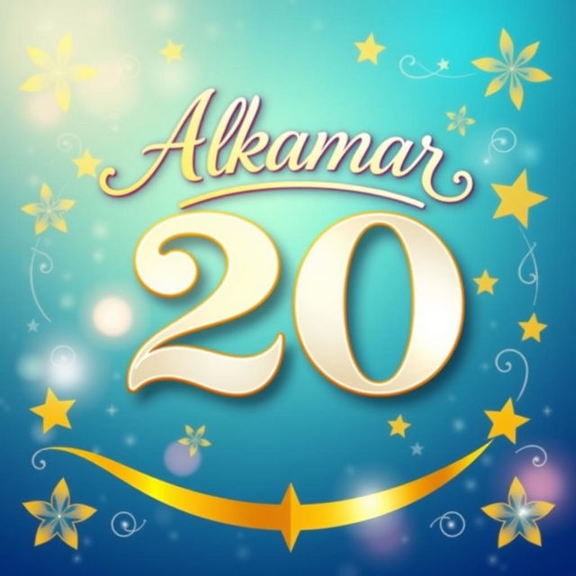 A vibrant and colorful banner featuring the number 20 at the center, with the word "Alkamar" artistically placed above the number in elegant, flowing script