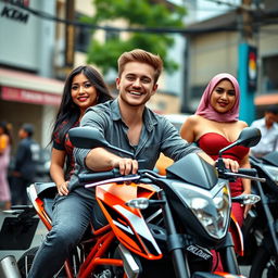 A handsome, humorous young man with fair skin, relaxing on a KTM Duke motorcycle