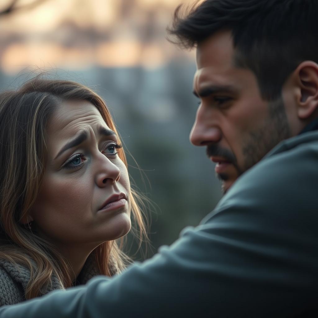 A poignant scene depicting a woman in tears, expressing deep sadness, while a man sits nearby, looking empathetic and concerned