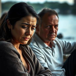 A poignant scene depicting a woman in tears, expressing deep sadness, while a man sits nearby, looking empathetic and concerned