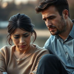 A poignant scene depicting a woman in tears, expressing deep sadness, while a man sits nearby, looking empathetic and concerned