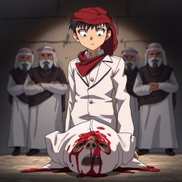 Anime style illustration featuring Detective Conan dressed in a white outfit with a red shemagh on his head