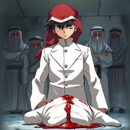 Anime style illustration featuring Detective Conan dressed in a white outfit with a red shemagh on his head
