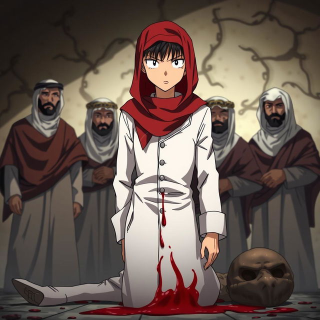 Anime style illustration featuring Detective Conan dressed in a white outfit with a red shemagh on his head