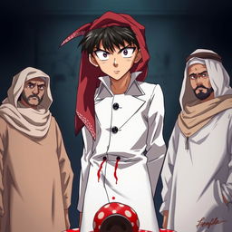 Anime style illustration featuring Detective Conan dressed in a white outfit with a red shemagh on his head