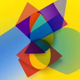 A visually stunning abstract design featuring colorful geometric shapes interlocking and overlapping beautifully, with a gradient background transitioning from deep blue to bright yellow