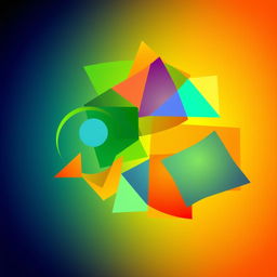 A visually stunning abstract design featuring colorful geometric shapes interlocking and overlapping beautifully, with a gradient background transitioning from deep blue to bright yellow