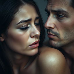 A poignant scene featuring a nude woman crying, her face expressing deep sorrow and vulnerability