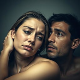 A poignant scene featuring a nude woman crying, her face expressing deep sorrow and vulnerability