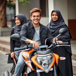 A handsome, humorous young man with fair skin, relaxing on a KTM Duke motorcycle