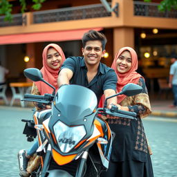 A handsome, humorous young man with fair skin, relaxing on a KTM Duke motorcycle