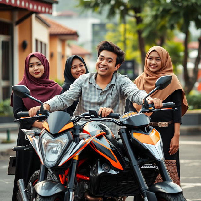 A handsome, humorous young man with fair skin, relaxing on a KTM Duke motorcycle