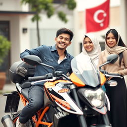A handsome, humorous young man with fair skin, relaxing on a KTM Duke motorcycle