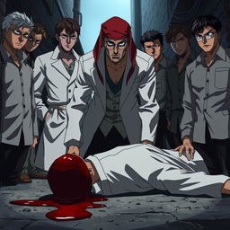 A thrilling anime scene featuring a detective in a white outfit with a red shemagh on his head, intently surveying a crime scene