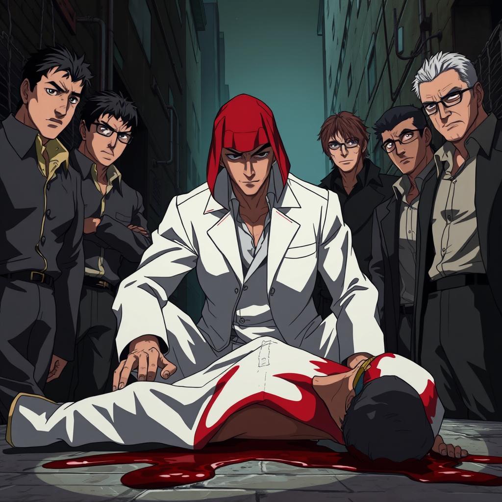 A thrilling anime scene featuring a detective in a white outfit with a red shemagh on his head, intently surveying a crime scene