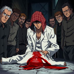 A thrilling anime scene featuring a detective in a white outfit with a red shemagh on his head, intently surveying a crime scene