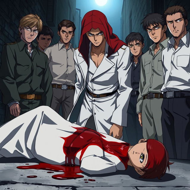 A thrilling anime scene featuring a detective in a white outfit with a red shemagh on his head, intently surveying a crime scene