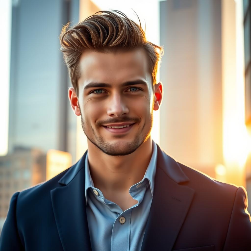 A handsome young man with striking features, deep blue eyes and a confident smile, styled in a classic, tailored navy blue suit