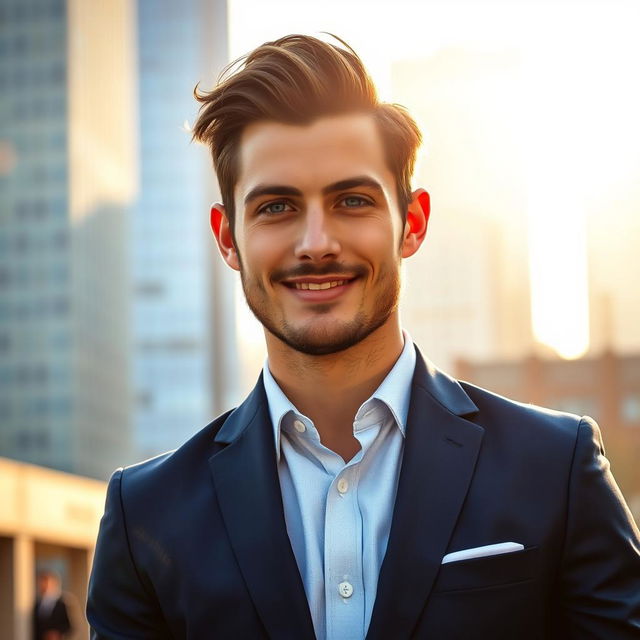 A handsome young man with striking features, deep blue eyes and a confident smile, styled in a classic, tailored navy blue suit