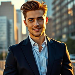 A handsome young man with striking features, deep blue eyes and a confident smile, styled in a classic, tailored navy blue suit