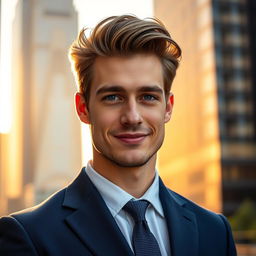 A handsome young man with striking features, deep blue eyes and a confident smile, styled in a classic, tailored navy blue suit