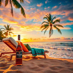 A beautiful tropical beach scene at sunset, with golden sands and colorful skies
