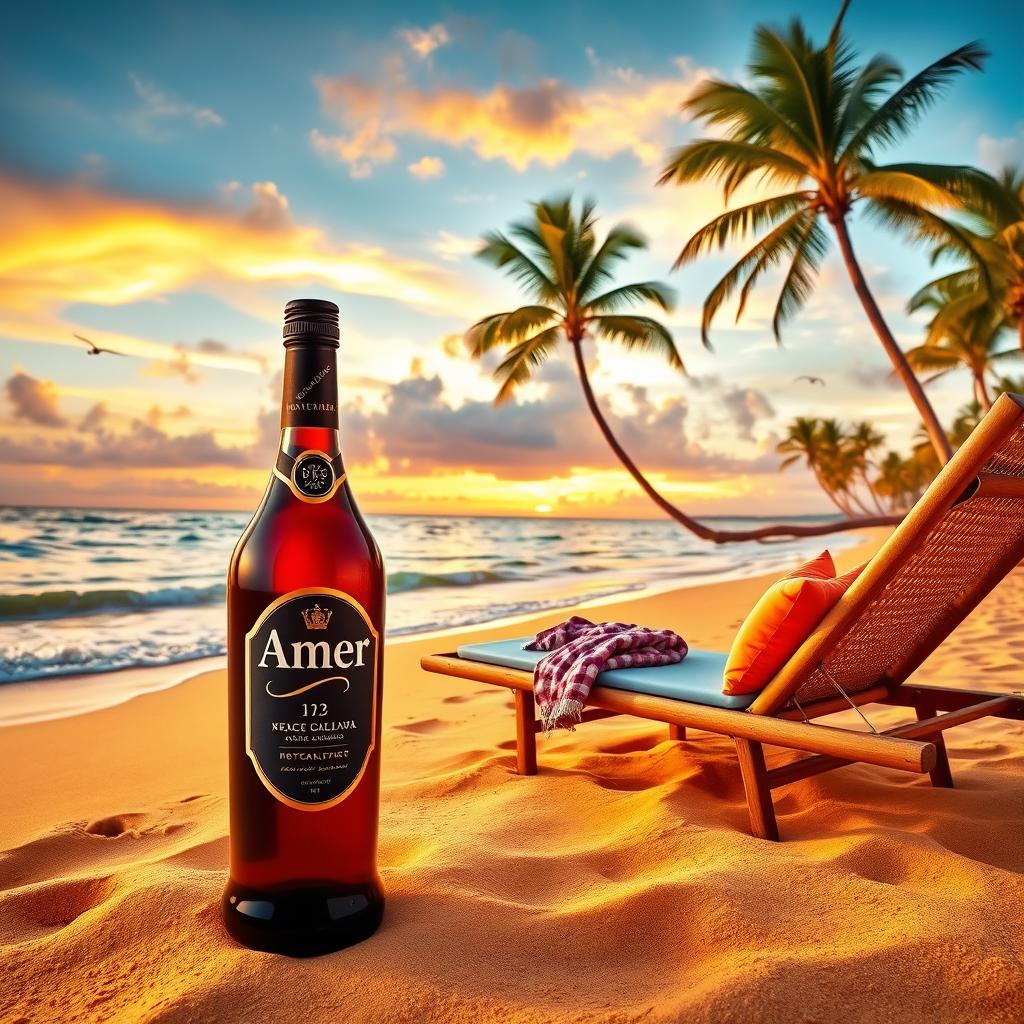 A beautiful tropical beach scene at sunset, with golden sands and colorful skies