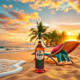 A beautiful tropical beach scene at sunset, with golden sands and colorful skies