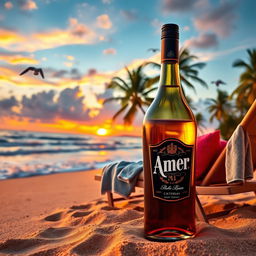 A beautiful tropical beach scene at sunset, with golden sands and colorful skies