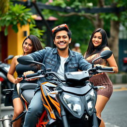 A handsome, humorous young man relaxing on a KTM Duke motorcycle, embodying a successful lifestyle in Indonesia