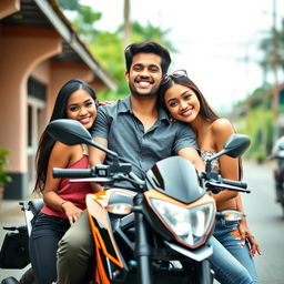 A handsome, humorous young man relaxing on a KTM Duke motorcycle, embodying a successful lifestyle in Indonesia