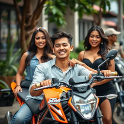A handsome, humorous young man relaxing on a KTM Duke motorcycle, embodying a successful lifestyle in Indonesia