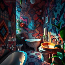 A vibrant, surreal scene capturing an abstract representation of a bathroom, incorporating elements that evoke a sense of freedom and raw emotion