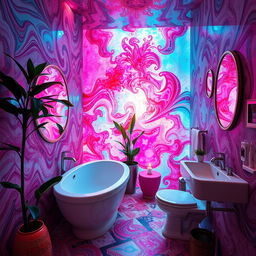 A vibrant, surreal scene capturing an abstract representation of a bathroom, incorporating elements that evoke a sense of freedom and raw emotion