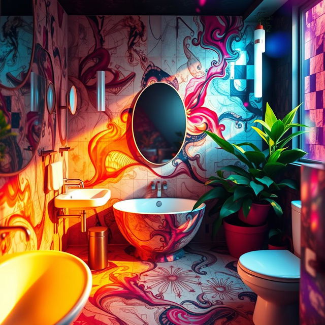 A vibrant, surreal scene capturing an abstract representation of a bathroom, incorporating elements that evoke a sense of freedom and raw emotion