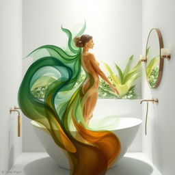 An abstract and artistic interpretation of a bathroom scene, focusing on the human form as a symbol of nature and freedom