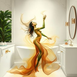 An abstract and artistic interpretation of a bathroom scene, focusing on the human form as a symbol of nature and freedom