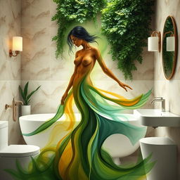 An abstract and artistic interpretation of a bathroom scene, focusing on the human form as a symbol of nature and freedom