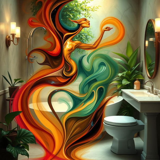 An abstract and artistic interpretation of a bathroom scene, focusing on the human form as a symbol of nature and freedom