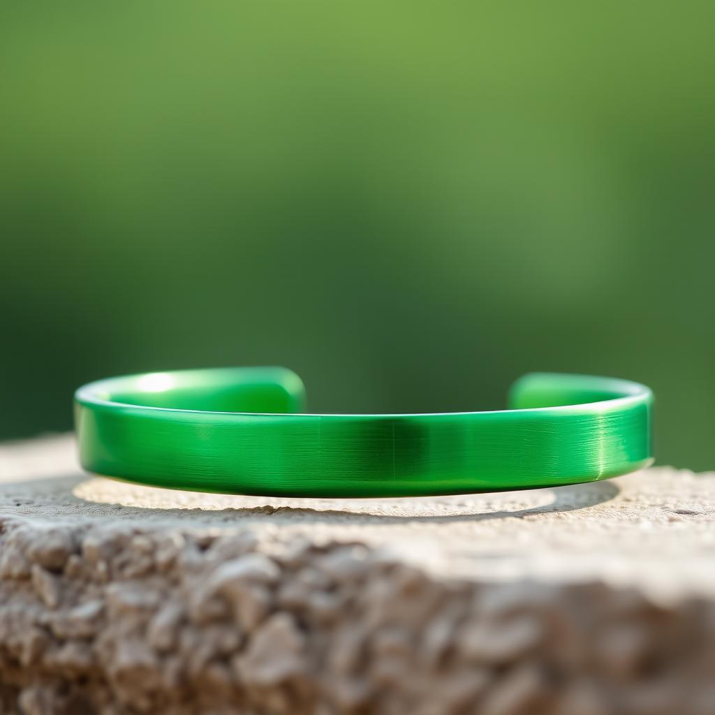 A simple yet elegant green metal bracelet, featuring a minimalist design with a smooth and shiny surface