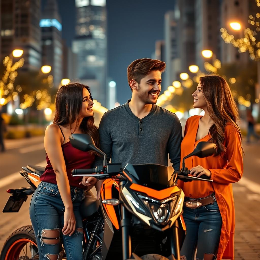 A handsome successful young man stands between two beautiful women, one aged 19 and the other 23, both exchanging meaningful glances indicative of a love triangle