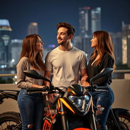 A handsome successful young man stands between two beautiful women, one aged 19 and the other 23, both exchanging meaningful glances indicative of a love triangle