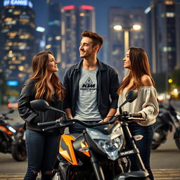 A handsome successful young man stands between two beautiful women, one aged 19 and the other 23, both exchanging meaningful glances indicative of a love triangle