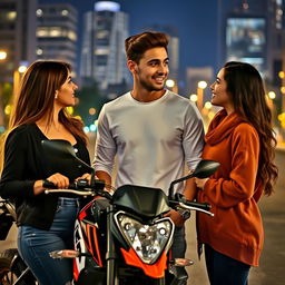 A handsome successful young man stands between two beautiful women, one aged 19 and the other 23, both exchanging meaningful glances indicative of a love triangle
