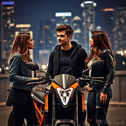 A handsome successful young man stands between two beautiful women, one aged 19 and the other 23, both sharing intense, meaningful glances as they are caught in a love triangle