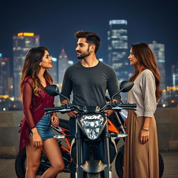 A handsome successful young man stands between two beautiful women, one aged 19 and the other 23, both sharing intense, meaningful glances as they are caught in a love triangle