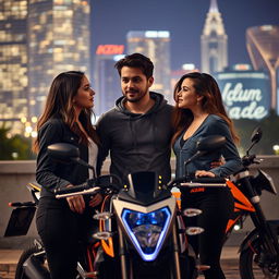 A handsome successful young man stands between two beautiful women, one aged 19 and the other 23, both sharing intense, meaningful glances as they are caught in a love triangle