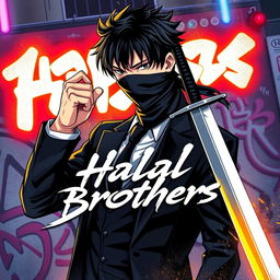 A stylized graphic design for an album cover or promotional artwork featuring a male character with dark hair and a bandana covering part of his face
